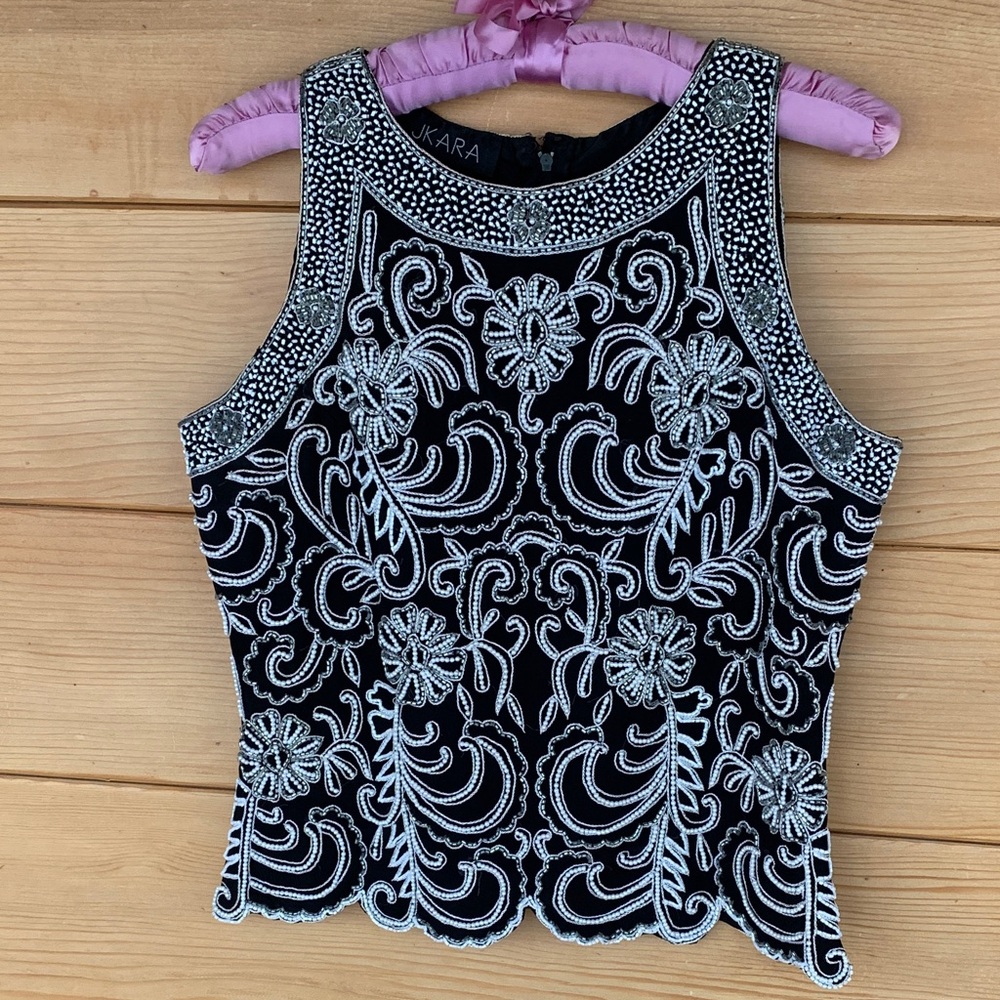 Beaded Evening top- Black with pearl and silver beads- Small